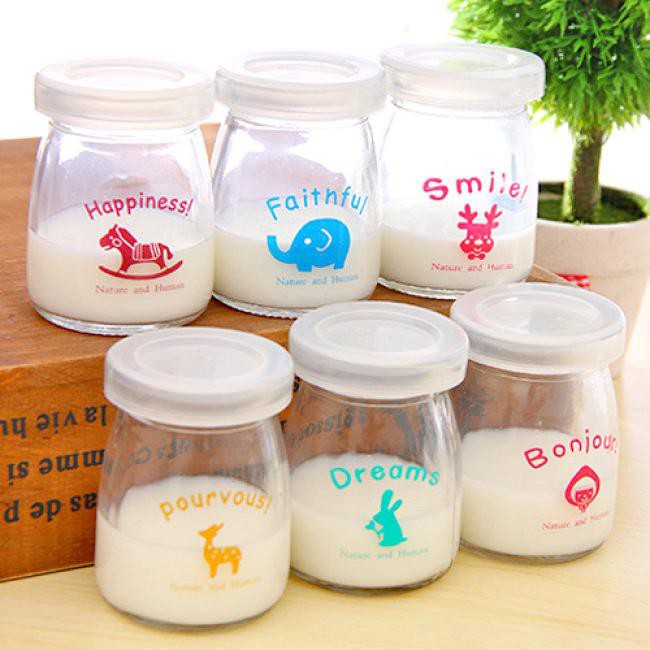 Hũ thuỷ tinh làm sữa chua 100ml Hũ Làm Sữa Chua Thủy Tinh In Hình Cao Cấp