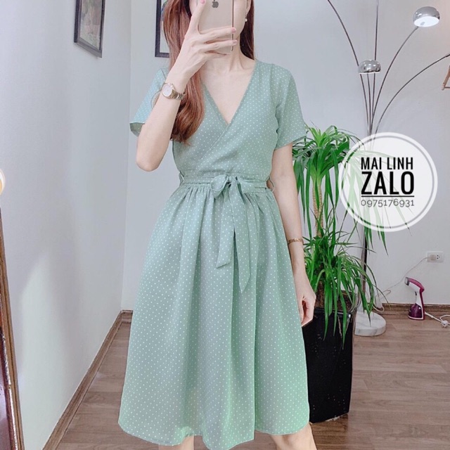 Váy thiết kế thắt đai chấm bi 2 màu