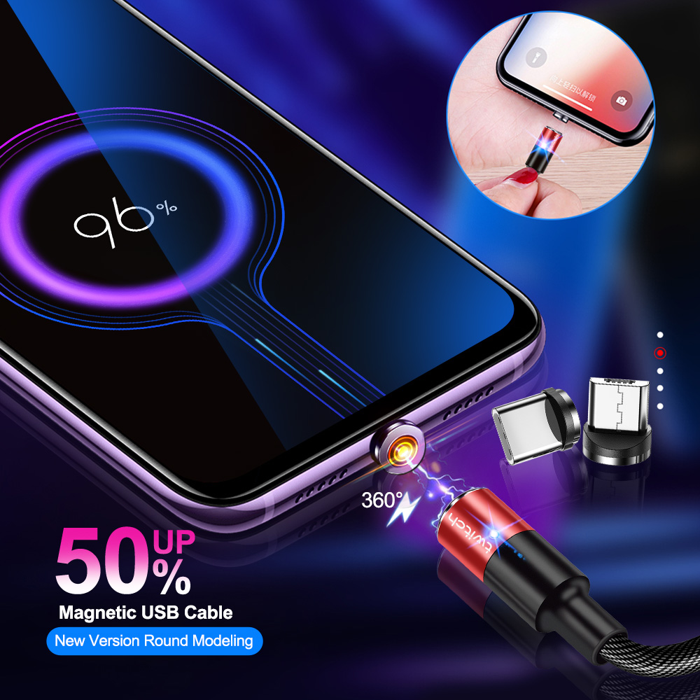 Dây cáp sạc Twitch từ tính 3A cổng Micro USB/Type C/iPhone tùy chọn dành cho iPhone Samsung Xiaomi