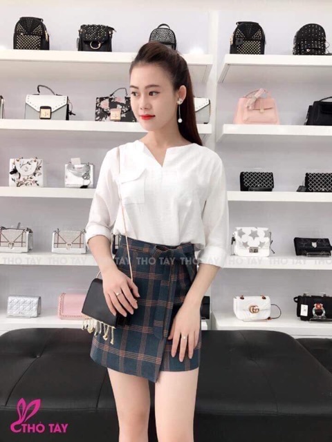 Áo sơ mi cổ trụ hai túi, kèm hình thật