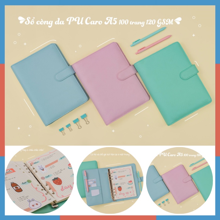 Sổ còng bìa da PU Klong Caro A5 100 tờ MS 992 Sổ binder làm bullet journal màu Pastel cao cấp- MS 992