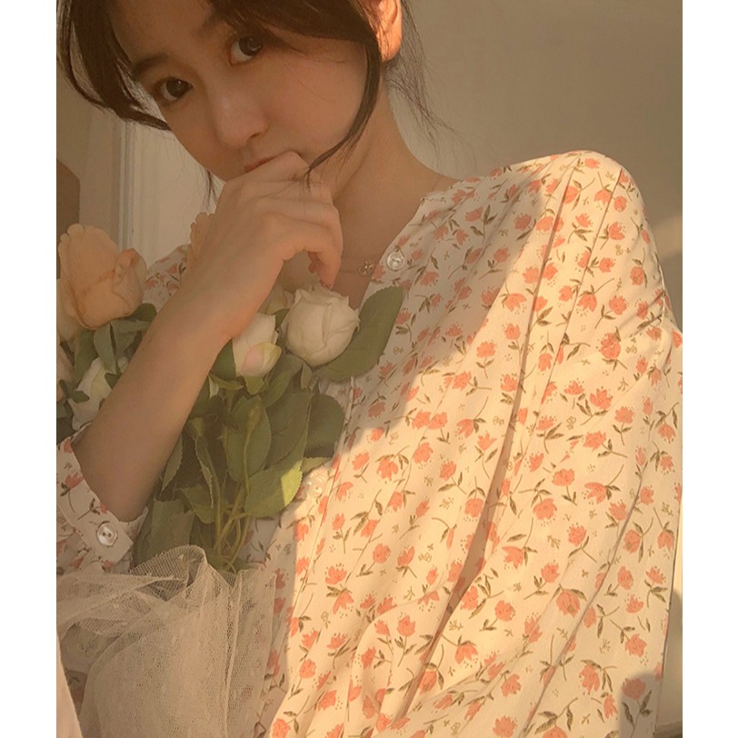Áo sơ mi tay dài họa tiết hoa xinh xắn phong cách Pháp nữ tính | BigBuy360 - bigbuy360.vn