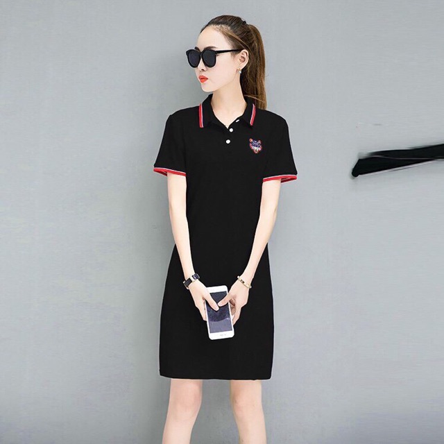 Đầm cổ sơ mi viền đỏ