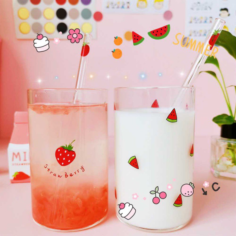 Ly thủy tinh Borosilicate nhỏ xinh kèm ống hút cho uống sữa/ nước ép