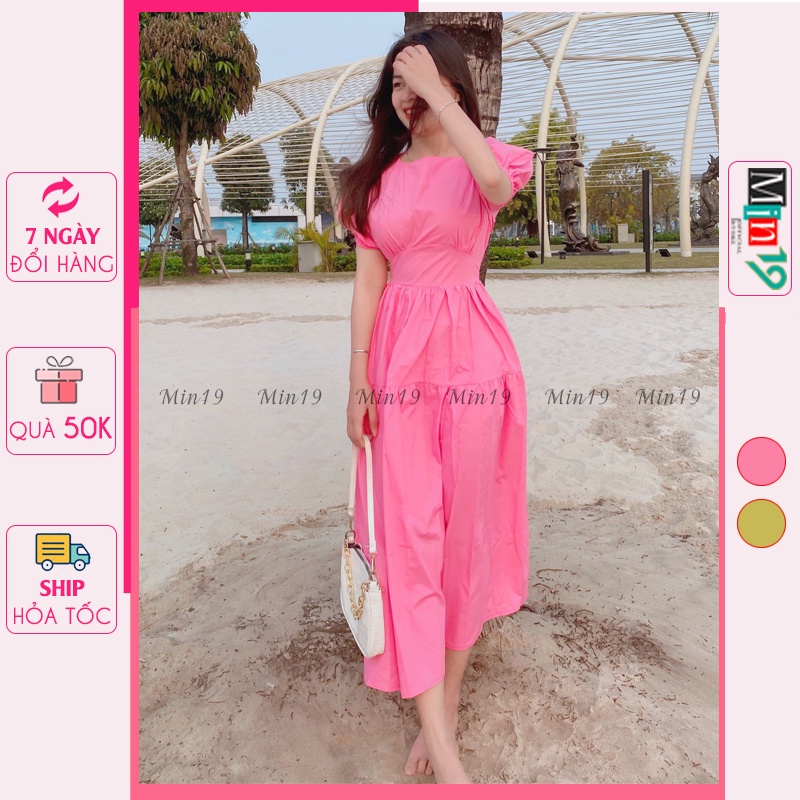 Đầm Babydoll MIN19 Váy Maxi Dáng Dài Uzzang Hàn Quốc Kiểu Xòe Tay Phồng Tiểu Thư Vintage Màu Xanh Hồng Thời Trang