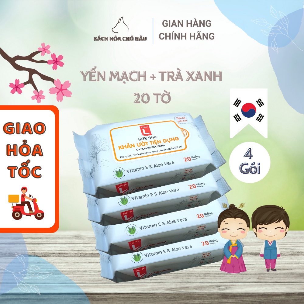 COMBO 4 Khăn Giấy Ướt Bỏ Túi Hàn Quốc LOTTE Choice L Hương Yến Mạch Trà Xanh Không Paraben / Cồn [20 TỜ]