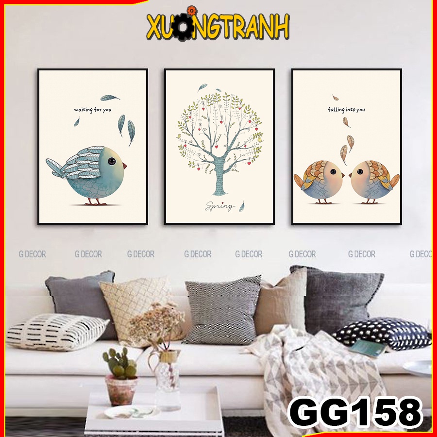 Tranh treo tường canvas 3 bức phong cách Bắc Âu 158, tranh con chim trang trí phòng khách, phòng ngủ, phòng ăn,spa