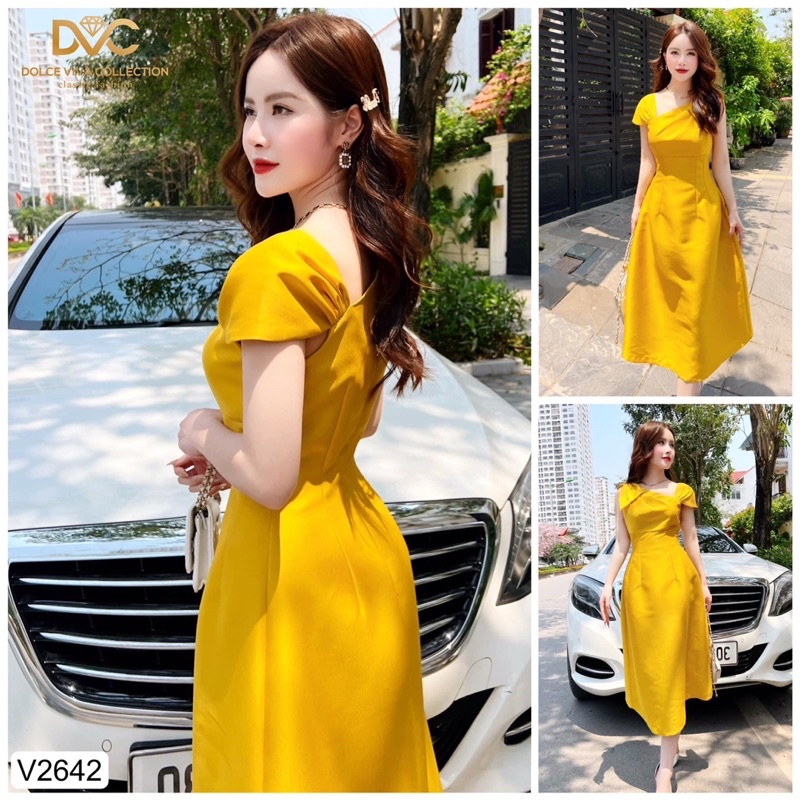 V2642 Váy vàng tafta dự tiệc  váy lệch vai dáng xoè dài -  Dolce viva colection