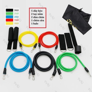 Dây đàn hồi tập Gym S2-11X, bộ dây tập thể lực 5 màu - Bộ 11 chi tiết, dây tập kháng lực 100LB tiêu chuẩn