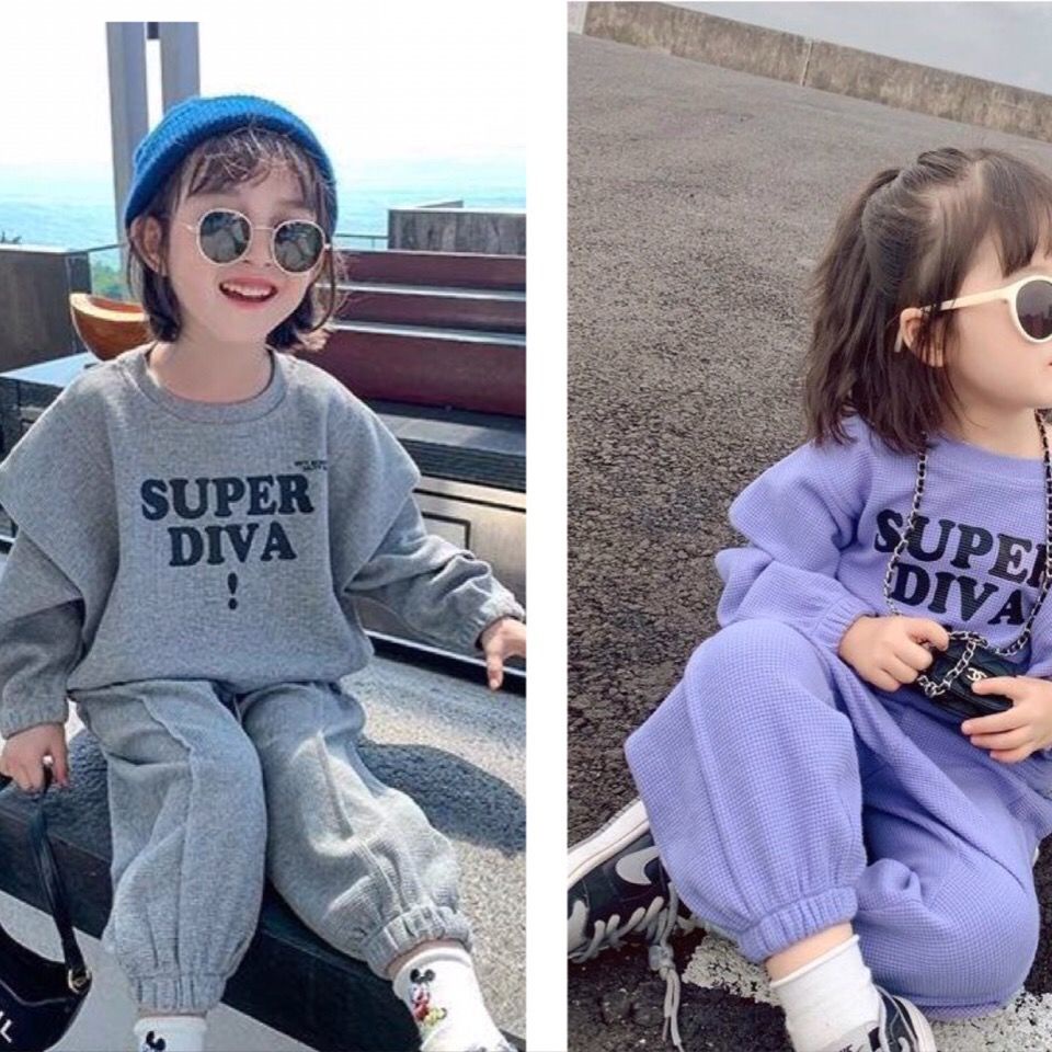 Bộ Quần Áo Cotton Dáng Rộng In Chữ Phong Cách Phương Tây Thời Trang Mùa Thu Cho Bé Gái