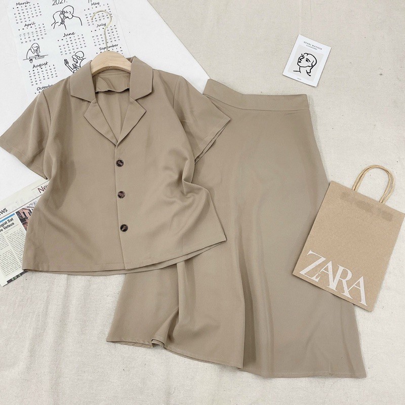 Set váy cổ vest mix chân váy dài dáng xoè - Hàng loại 1 - Phong cách Hàn Quốc