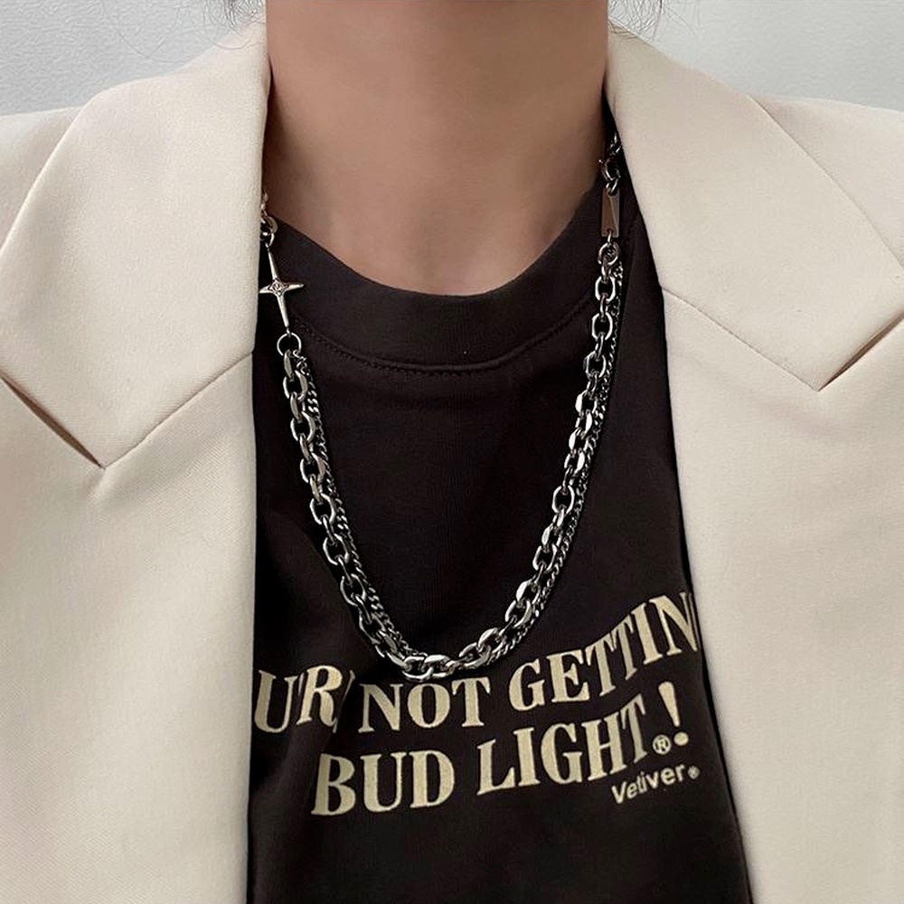 Vòng cổ Thép Titan Dày Hai Lớp Mặt Hình Học Phong Cách Hip Hop Hàn Quốc Thời Trang