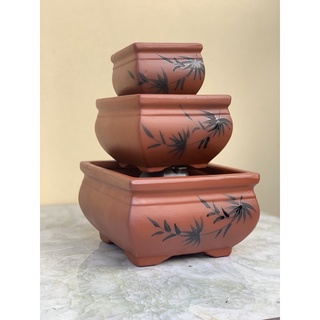 Chậu bonsai Vuông mini đất nung màu đỏ son gốm Bát tràng 1 size BM-195