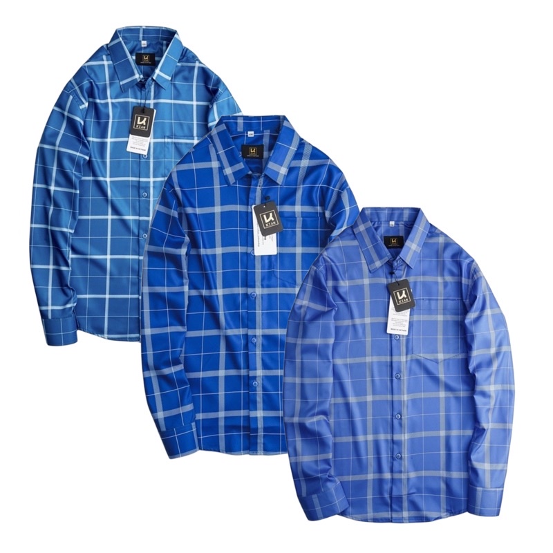 Áo sơ mi nam co giãn mẫu caro dài tay có túi màu xanh Bigsize < 130kg