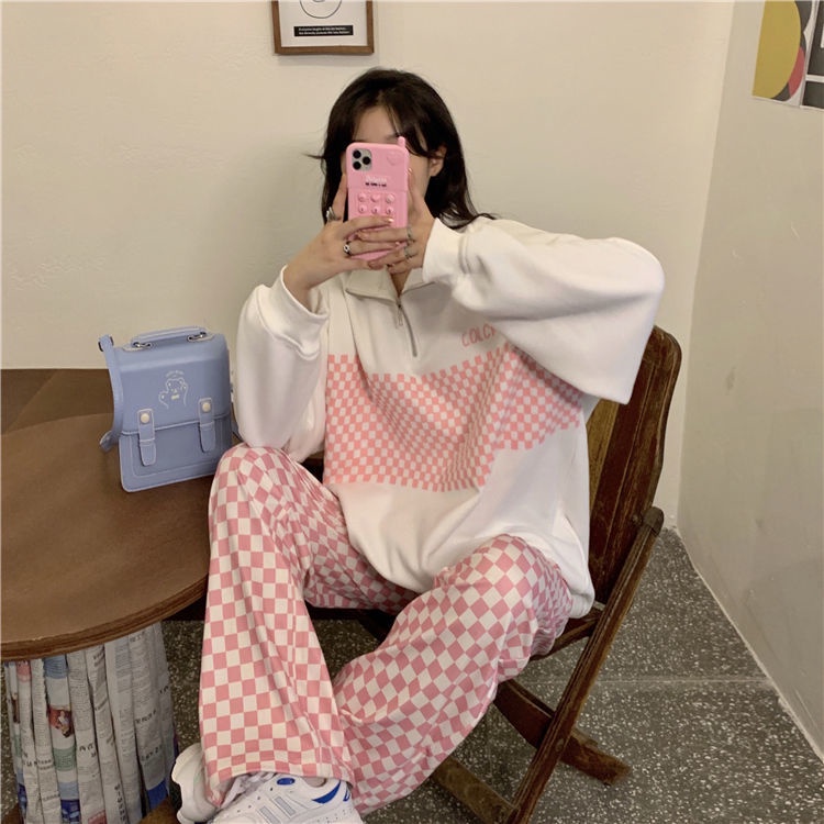 new women's fashion clothes ins spring and autumn versatile small Plaid Polo zipper early autumn suit women's two-piece set