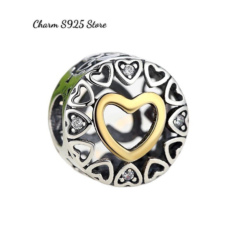 charm pan hoạ tiết tim vàng trắng bạc s925 cao cấp