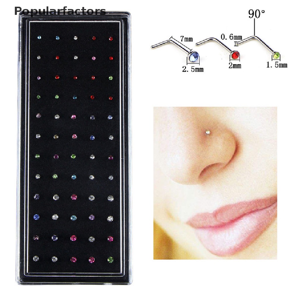 Set 60 khuyên mũi hình chữ L đính đá bằng thép không gỉ
