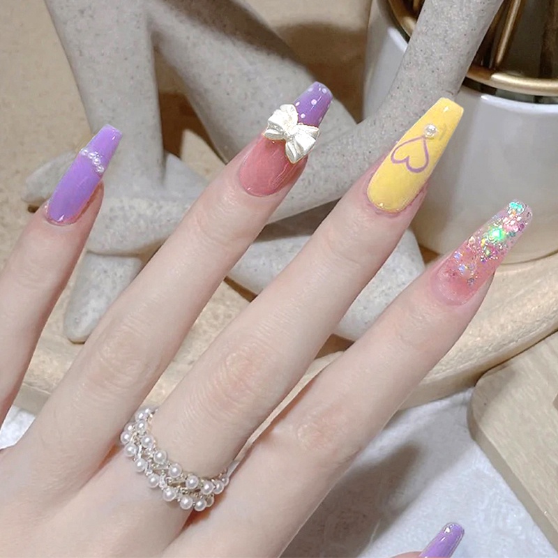 YADORNOS Set 24 Móng Tay Giả Thắt Nơ Có Thể Tháo Rời