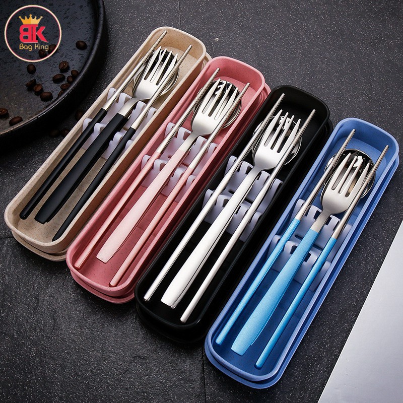 Bộ Thìa Đũa Nĩa Inox 304 Cao Cấp - Hộp Lúa Mạch Tặng kèm Túi Vải Đựng