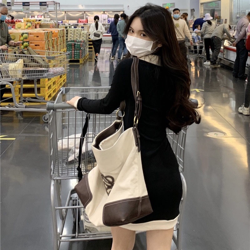 Đầm cổ polo ôm dáng màu tương phản thời trang cho nữ