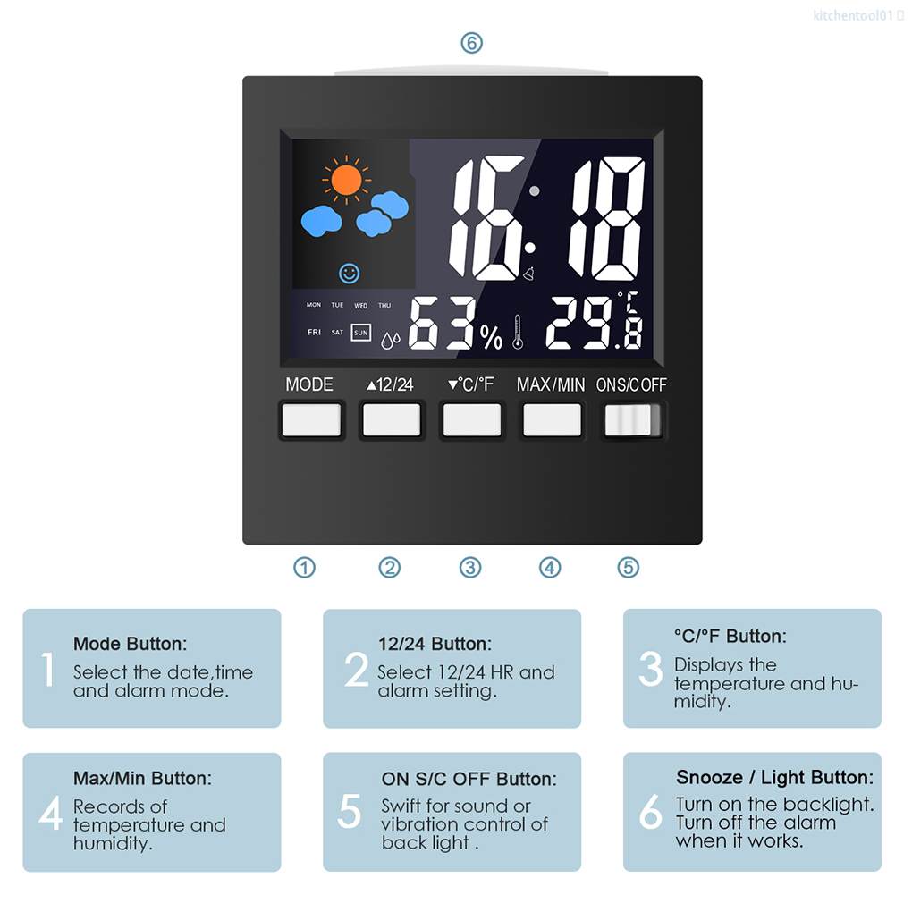 Đồng hồ điện tử để bàn đa năng màn hình LCD hiển thị Ngày/Giờ/Nhiệt Độ/Hẹn Giờ Nhà Bếp điều khiển bằng giọng nói