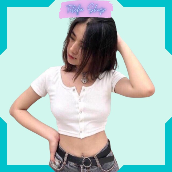 Áo Croptop Ngắn Tay Có Cúc Bấm Áo Kiểu Nữ Chất Vải Thun Gân - Titifa Shop