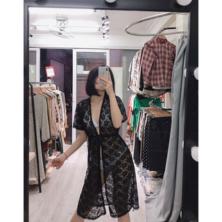 Áo choàng ren đen dài mặc ngoài đồ bơi bikini đi biển