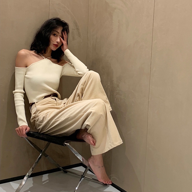 Xiaozhainv Áo Croptop Hở Vai Tay Dài Màu Trơn Thời Trang Gợi Cảm Cho Nữ