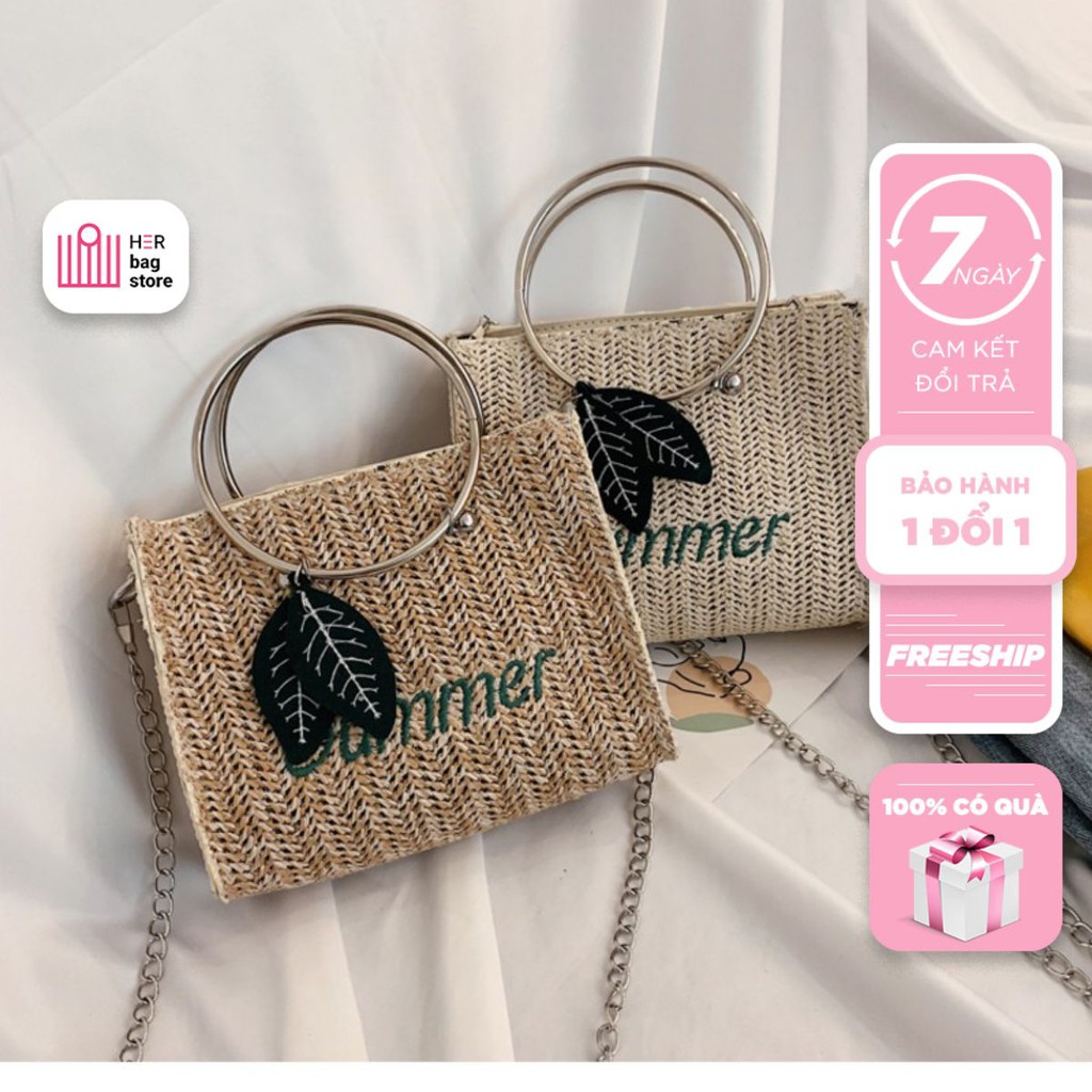 Túi xách tay nữ đeo vai VUÔNG quai hình TRÒN SUMMER lá mùa hè mới vải xô rơm phương Tây Hàn Quốc dệt đi chơi biển SM114
