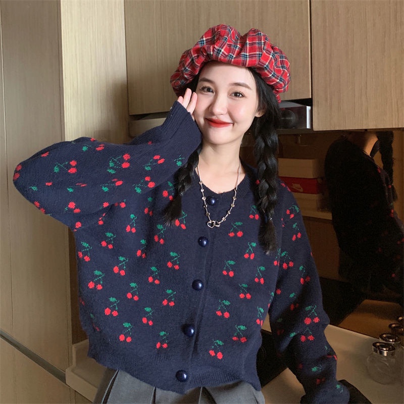 Áo Khoác cardigan Cổ Tròn Dáng Rộng In Hình Quả cherry Thời Trang Mùa Thu Theo Phong Cách Hàn