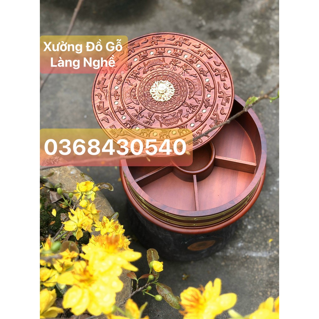 Khay Đựng Bánh Kẹo Mứt Tết Bằng Gỗ Trống Đồng Đông Sơn Gỗ Hương [ Gỗ hương 100%_Hàng loại 1]