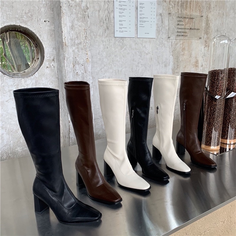 Boot gối da lì cổ tròn gót vuông 7p