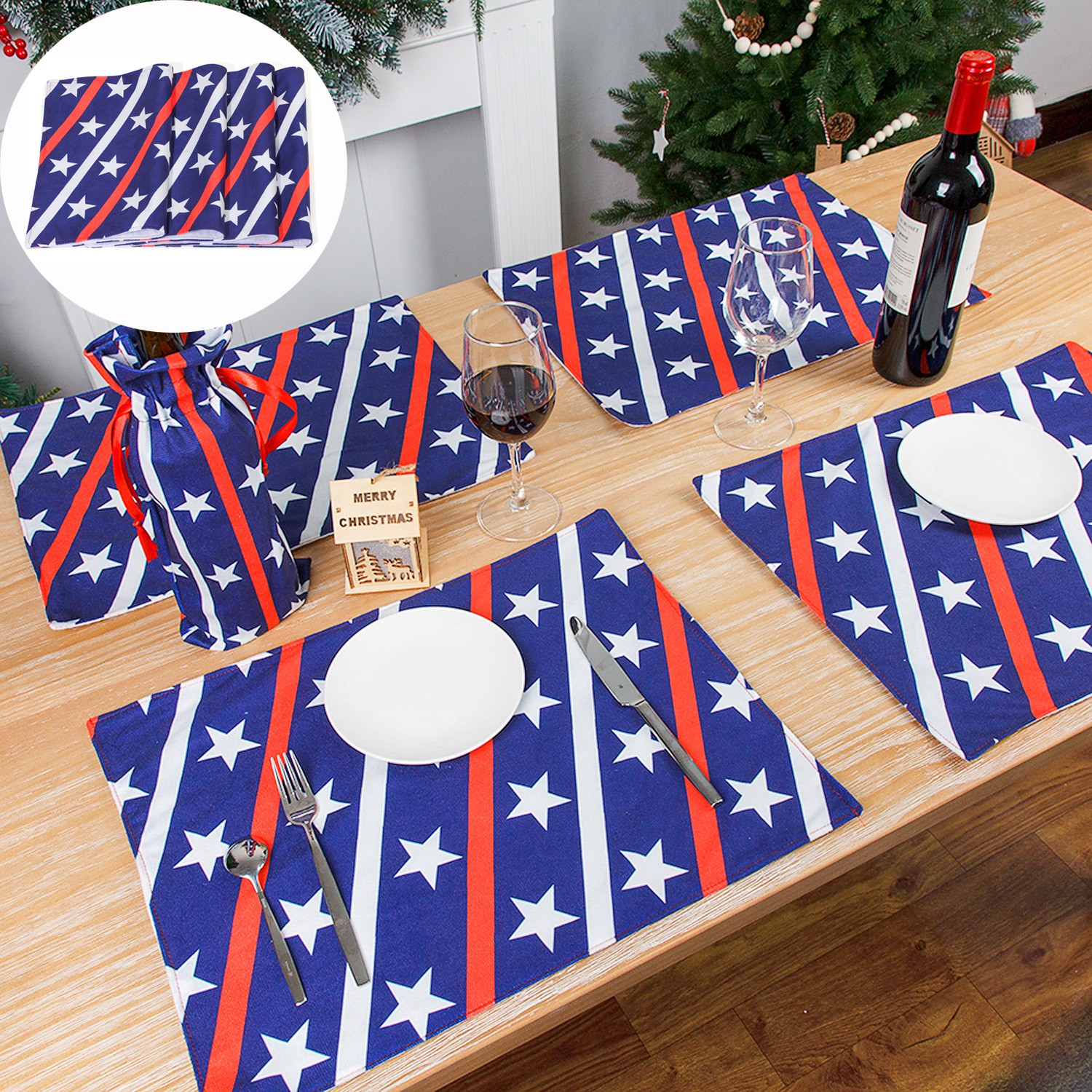 MIOSHOP 4pcs/set Table Decor Placemats Heat-Resistant Table Place Mats Independence Day Kitchen Non-Slip Rectangle Washable American Flag