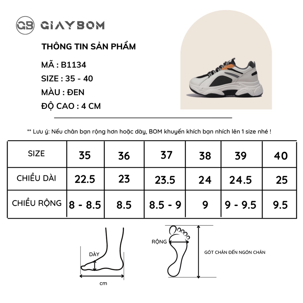 Giày Thể Thao Nữ Giày BOM Sneaker Độn Đế Tăng Chiều Cao Êm Thích Hợp Đi Làm, Học, Chơi giayBOM GB Warriors B1134