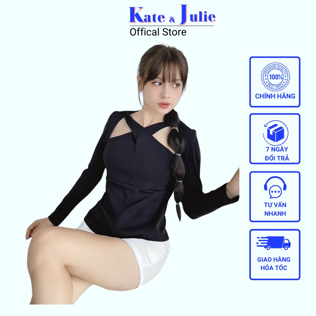 Áo kiểu nữ tay dài K&J, áo nữ cổ giả yếm chất liệu vải thun mềm mại mặc siêu thoáng mát