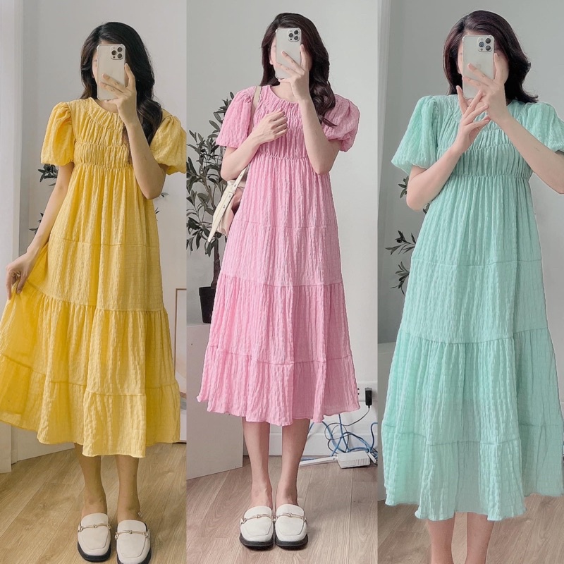 [Ảnh thật/Video]Váy babydoll Yona dáng dài tông màu nổi bắt mắt phong cách nhẹ nhàng Đầm voan tơ nhún bèo