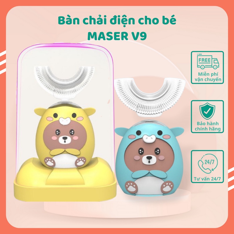 Bàn chải điện cho bé từ 2 tuổi Maser V9, Bàn chải đánh răng điện chữ U silicon an toàn cho bé [TẶNG 01 KEM ĐÁNH RĂNG]