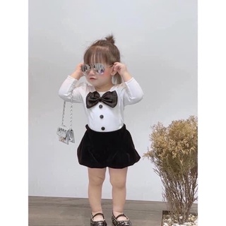 Set áo len tăm nơ ngực cúc dọc dài tay phối quần nhung bồng