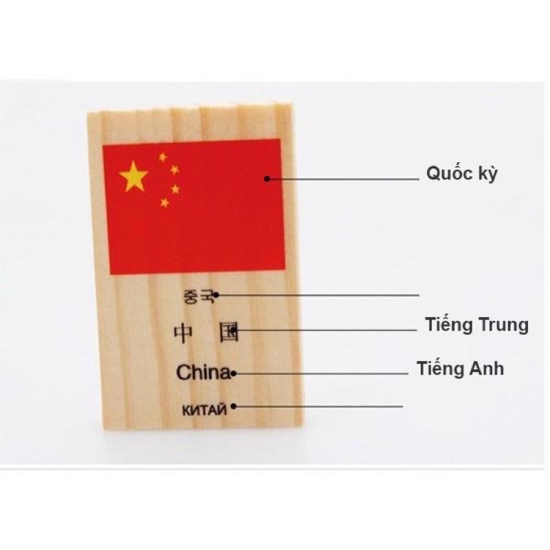 Đômino gỗ 100 thanh in quốc kỳ các nước kèm Tiếng Anh và Tiếng Trung