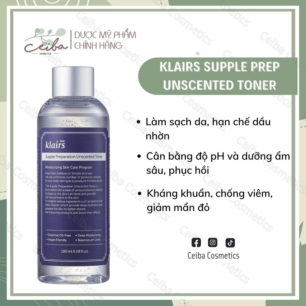 Nước hoa hồng không mùi dưỡng ẩm và làm mềm da Klairs Supple Preparation Unscented Toner 180ml