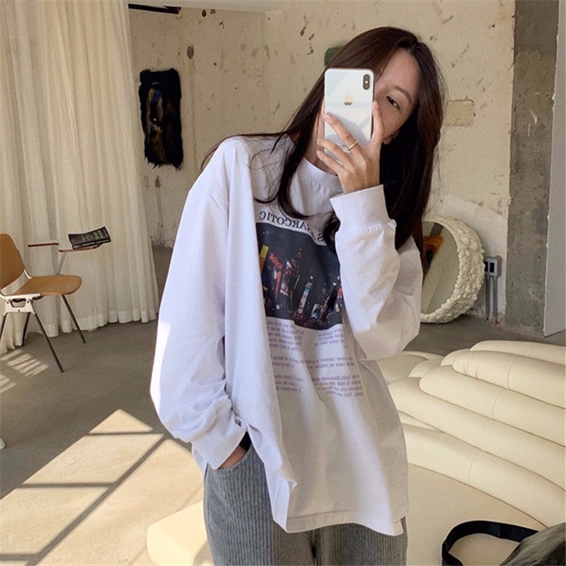 Áo Thun Tay Dài Dáng Rộng In Họa Tiết Thời Trang Mùa Thu Mới Cho Nữ