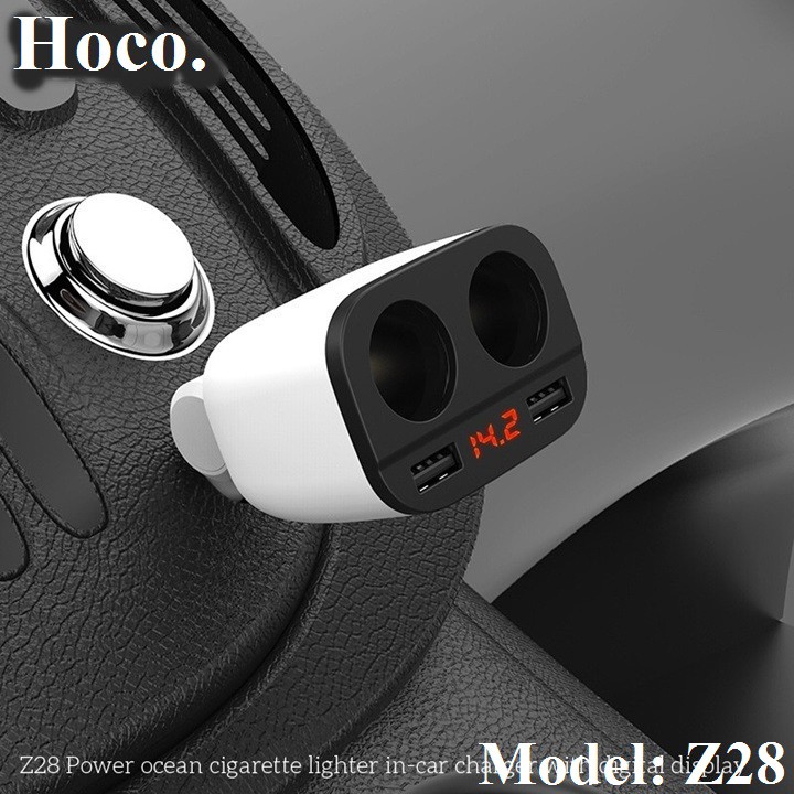 Thiết bị cốc sạc xe hơi xe ô tô đa năng Hoco Z28 2 cổng usb 2 tẩu sạc có đồng hồ hàng chính hãng bền đẹp bảo bệ an toàn