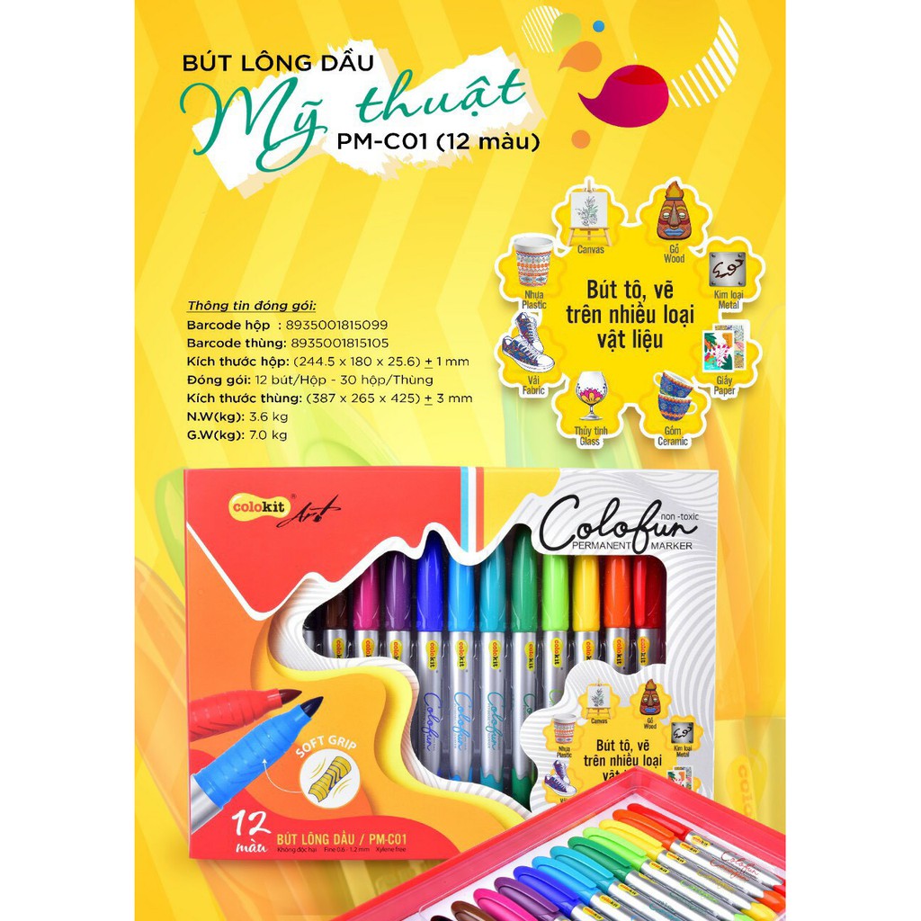 Bút Lông Dầu Mỹ Thuật Bộ 12 Màu - Colokit (2 nét vẽ)