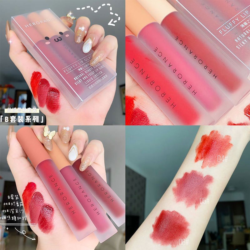 Set 3 Cây Son Kem Lì Herorange Fluffy Lip Glaze Chất Mềm Và Mịn Môi, Lên Màu Cực Chuẩn (SIÊU HOT)