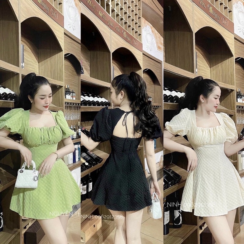 VÁY/ĐẦM THUN XỐP Ô CỔ VUÔNG NHÚM TAY PHỒNG BUỘC DÂY LƯNG DÁNG XOÈ NGANG ĐÙI HOT
