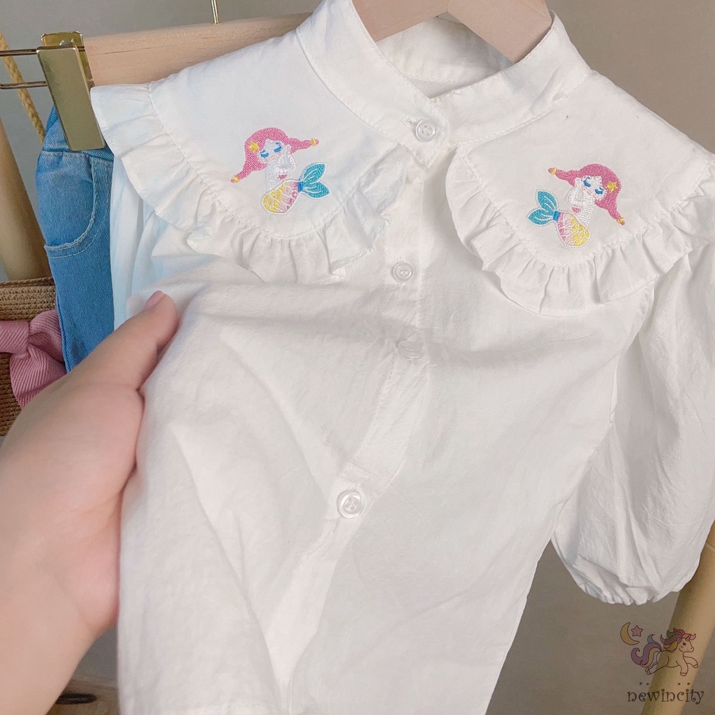 Bộ Áo Sơ Mi Cổ Thêu Họa Tiết Hoạt Hình Nàng Tiên Cá + Quần Jeans Cho Bé Gái