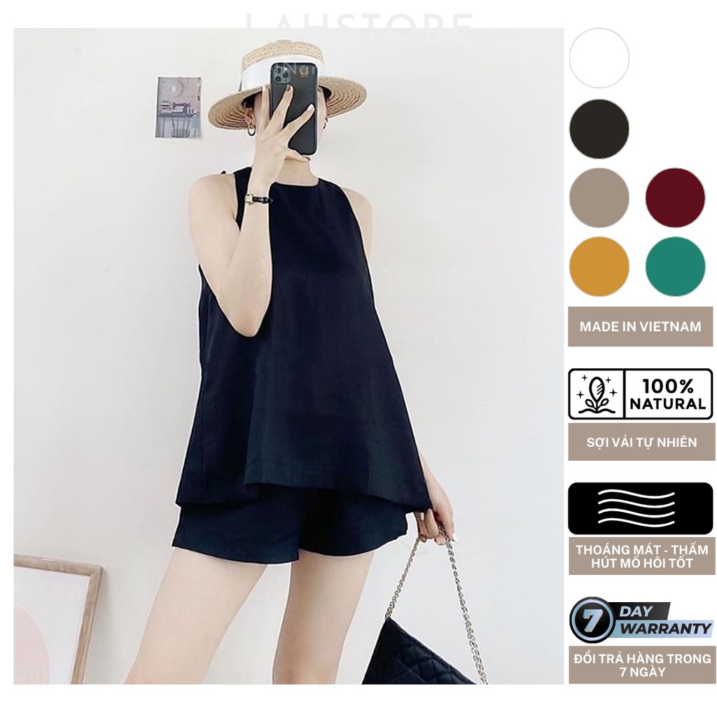 Bộ Linen Nữ LAHSTORE Áo Dáng Yếm Tay Sát Nách Xẻ Sau Và Quần Short BLN01 (Đen)
