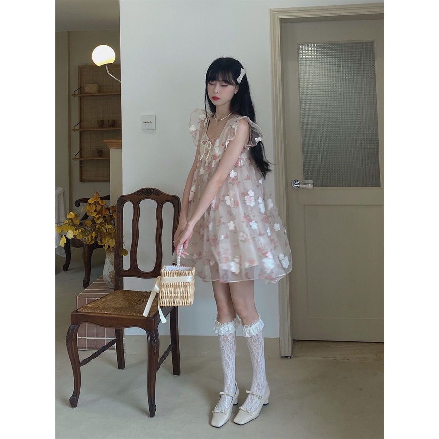 🌷váy babydoll  chân váy chữ a Đầm Búp Bê Tay Phồng Đính Nơ Họa Tiết Hoa Hồng Xinh Xắn Thời Trang Mùa Hè Cho Nữ