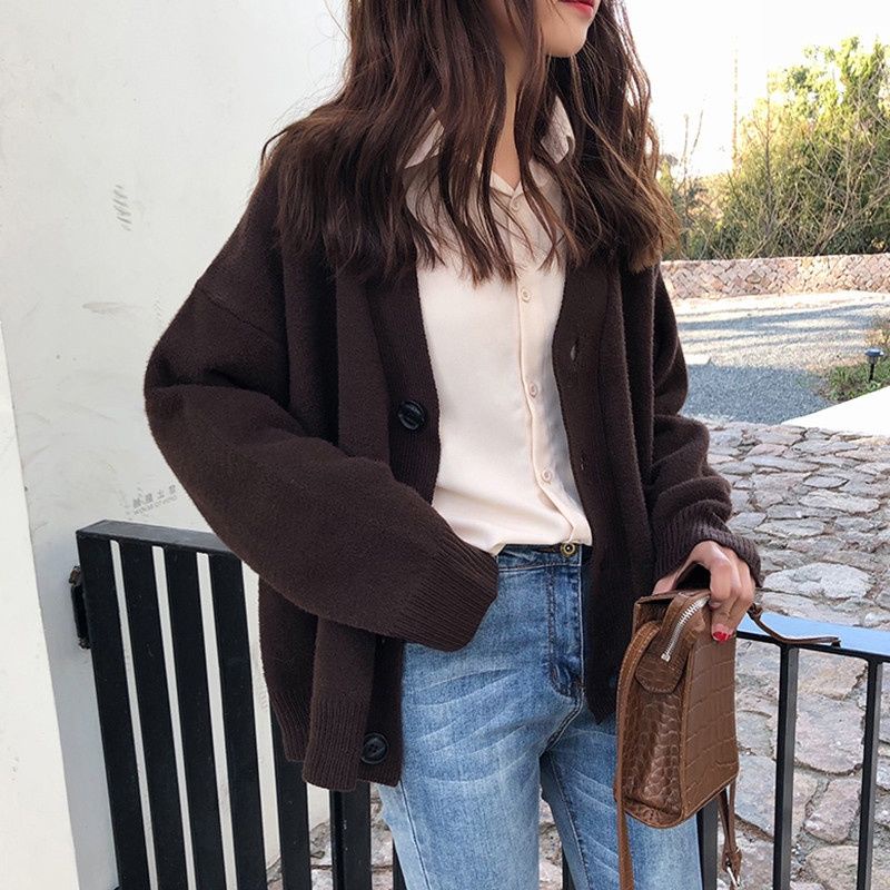 Áo khoác cardigan dệt kim tay dài màu trơn thiết kế thanh lịch cho nữ