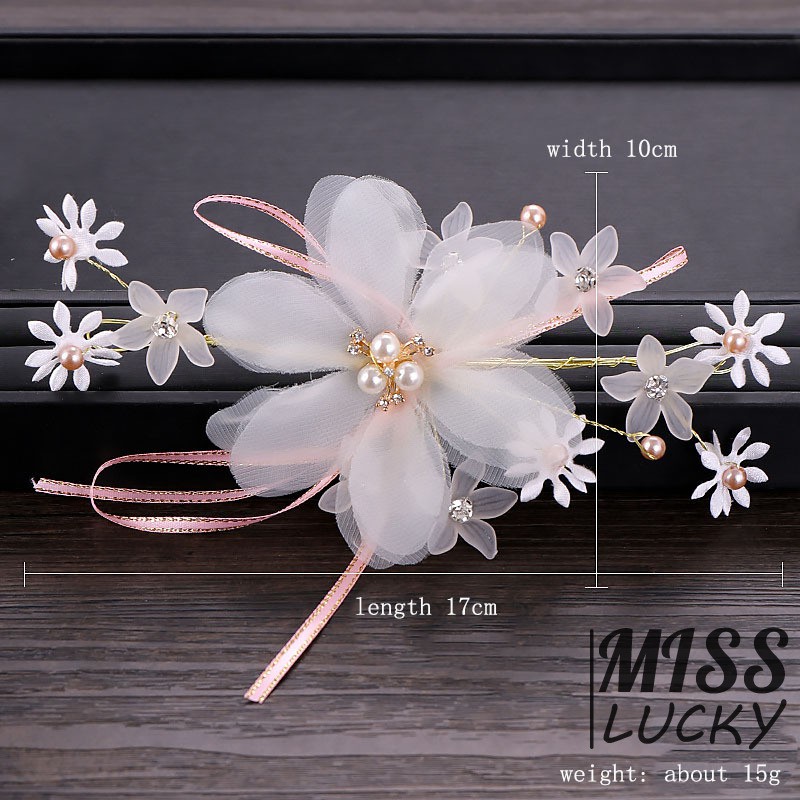Phụ kiện cài tóc hoa đính ngọc trai hồng sang trọng cho cô dâu